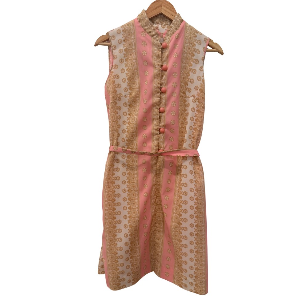 Vintage 70's Mod Carol Brent Women's  Pink Floral Stripe Shift Dress M Retro